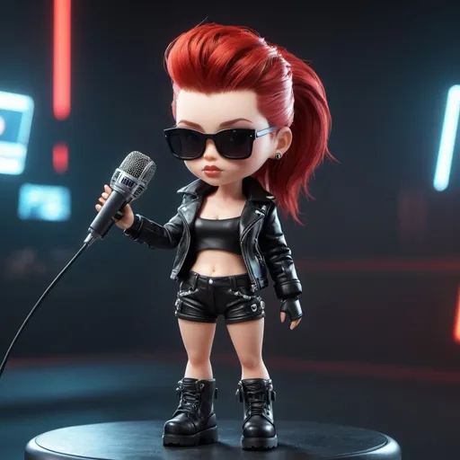 Prompt: (((3d animation))), Punk 75 white female doll, (((holding microphone))), very red hair, wearing black leather jacket, (((tight))) black leather shorts, black boots, black sunglasses, with unique facial features, futuristic-cyberpunk, retro art style, symbolic, exclusive, futuristic, symbolic, exclusion, cyberpunk, features, high-tech suit, symbolically exclusive, professional, futuristic-cyberpunk lighting