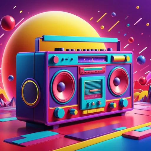 Prompt: cartoon style, background, (((red), purple, blue, pink, yellow)) (retro vibes), 1980's style, vivid colors, energetic composition, lively, showcasing music elements like radios, speakers, vibrant lighting effects, playful atmosphere, ultra-detailed, high quality.