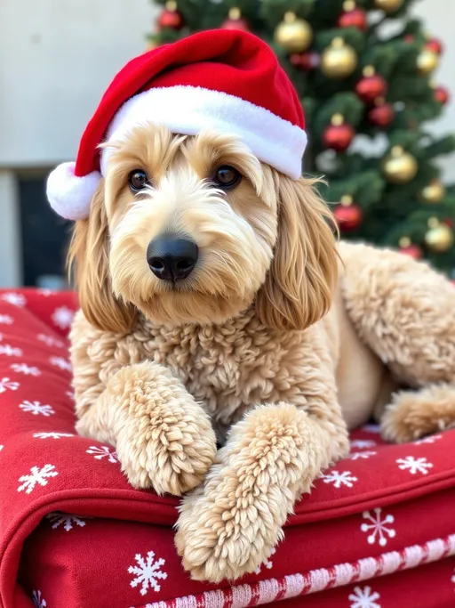 Prompt: a (<model>) small white dog laying on a red and white blanket, wearing (Santa Claus hat), with snowflakes on it's sides, Chica Macnab, renaissance, professional photo, a jigsaw puzzle