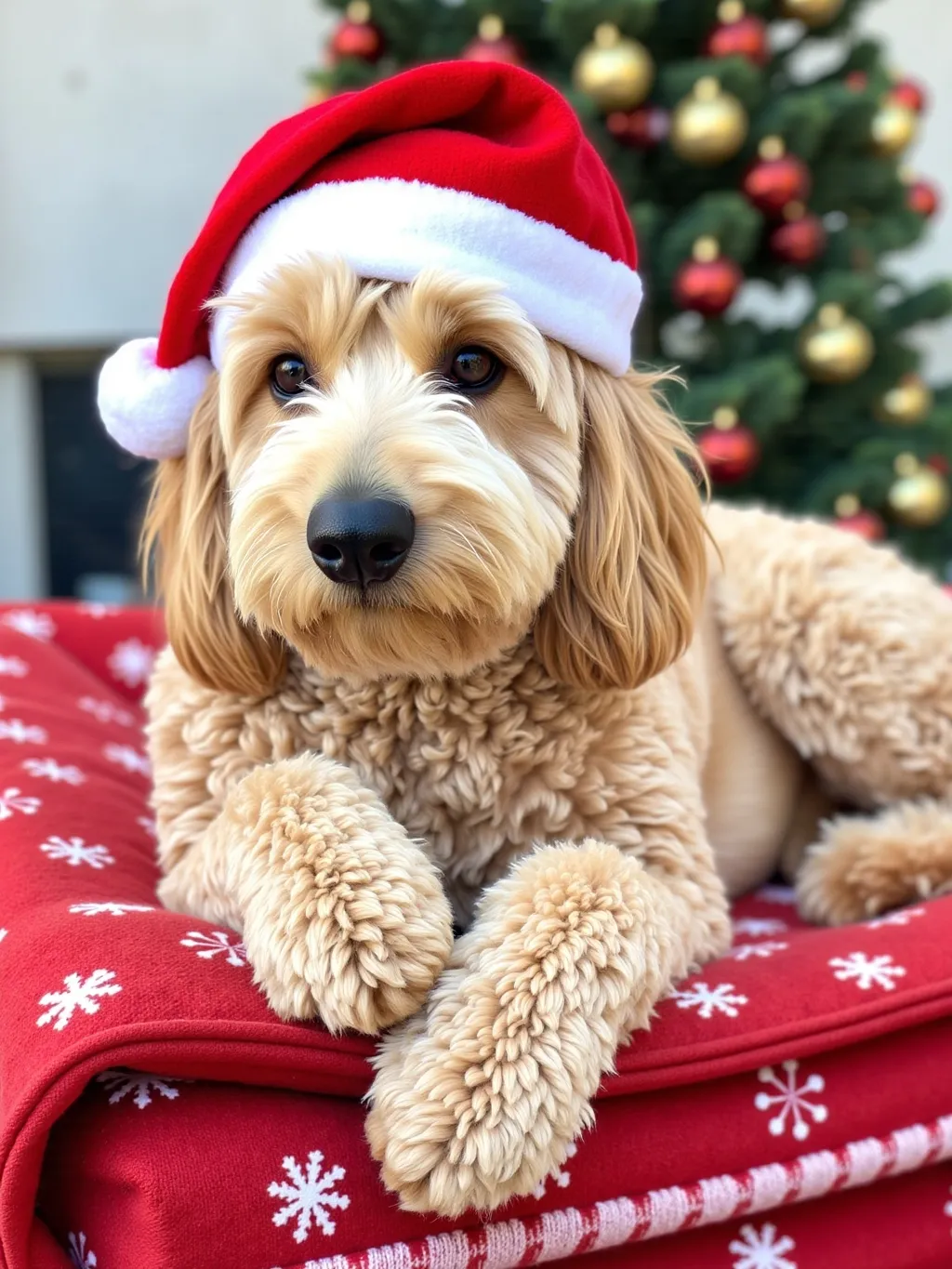 Prompt: a (<model>) small white dog laying on a red and white blanket, wearing (Santa Claus hat), with snowflakes on it's sides, Chica Macnab, renaissance, professional photo, a jigsaw puzzle