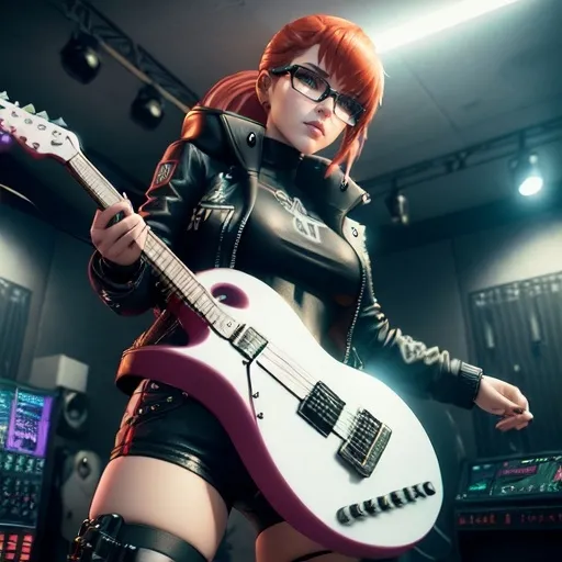 Prompt: (((3d animation))) Punk 75 white female doll (((playing guitar))), standing in (recording studio), very red hair, black leather jacket, (((tight))) black leather shorts and black ankle boots and playing guitar, with unique facial features, holding a futuristic dope, wearing a cutting-edge suit and glasses, futuristic-cyberpunk art style, symbolic, exclusive, science-fiction, Les Automatistes, Ex Machina, marginalization, futuristic, symbolic, exclusion, retro, cyberpunk, Les Automatistes, unique facial features, high-tech suit, symbolically exclusive, cutting-edge glasses, science-fiction, professional, futuristic-cyberpunk lighting