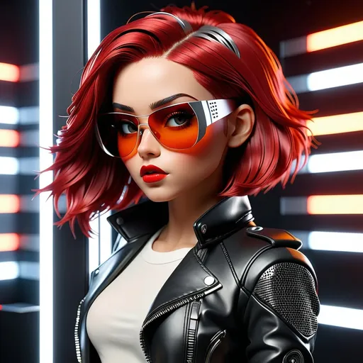 Prompt: (((3d animation))) (((full body))) Punk 75 white female doll (((playing guitar))), (((black sunglasses))), standing in (recording studio), very red hair, wearing black leather jacket, (((tight))) black leather shorts, black boots, sunglasses and playing guitar, with unique facial features, holding a futuristic dope, futuristic-cyberpunk art style, symbolic, exclusive, science-fiction, Les Automatistes, Ex Machina, marginalization, futuristic, symbolic, exclusion, retro, cyberpunk, Les Automatistes, unique facial features, high-tech suit, symbolically exclusive, cutting-edge glasses, science-fiction, professional, futuristic-cyberpunk lighting