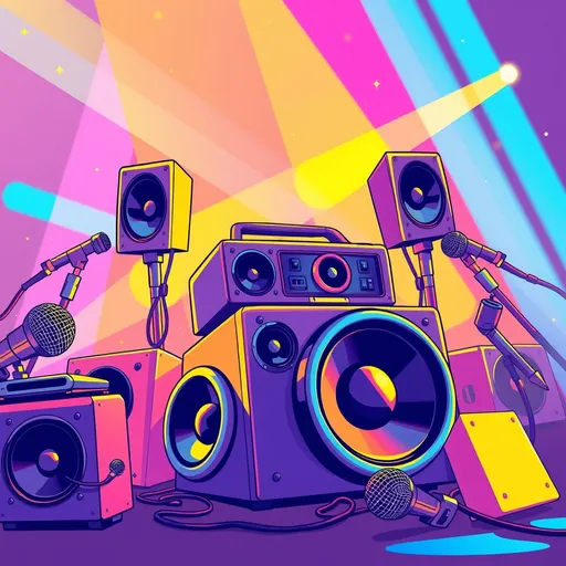 Prompt: Illustration style, background, (((yellow, pink, orange, blue))), (retro vibes), 1980's style, vivid colors, energetic composition, lively, showcasing elements like (speakers and microphones), vibrant lighting effects, playful atmosphere, ultra-detailed, high quality.