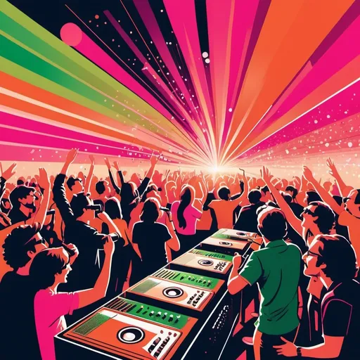 Prompt: cartoon style, background, (((orange, deep pink, ruby, copper, indigo, green))) (retro vibes), 1980's style, vivid colors, energetic composition, lively, showcasing music elements like (speakers, microphones), vibrant lighting effects, playful atmosphere, ultra-detailed, high quality.