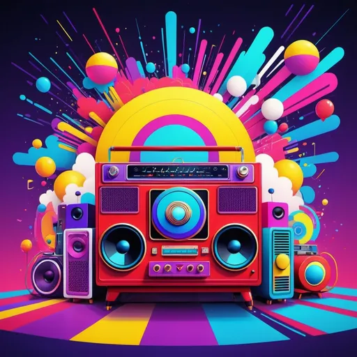 Prompt: cartoon style, background, (((red), purple, blue, pink, yellow)) (retro vibes), 1980's style, vivid colors, energetic composition, lively, showcasing music elements like radios, speakers, vibrant lighting effects, playful atmosphere, ultra-detailed, high quality.