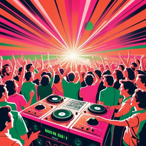 Prompt: cartoon style, background, (((orange, deep pink, ruby, copper, indigo, green))) (retro vibes), 1980's style, vivid colors, energetic composition, lively, showcasing music elements like (speakers, microphones), vibrant lighting effects, playful atmosphere, ultra-detailed, high quality.