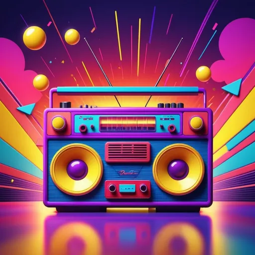 Prompt: cartoon style, background, (((red), purple, blue, pink, yellow)) (retro vibes), 1980's style, vivid colors, energetic composition, lively, showcasing music elements like radios, speakers, vibrant lighting effects, playful atmosphere, ultra-detailed, high quality.