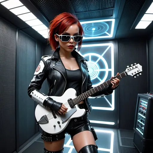 Prompt: (((3d animation))) Punk 75 white female doll (((playing guitar))), standing in (recording studio), very red hair, black leather jacket, (((tight))) black leather shorts and black ankle boots and playing guitar, with unique facial features, holding a futuristic dope, wearing a cutting-edge suit and glasses, futuristic-cyberpunk art style, symbolic, exclusive, science-fiction, Les Automatistes, Ex Machina, marginalization, futuristic, symbolic, exclusion, retro, cyberpunk, Les Automatistes, unique facial features, high-tech suit, symbolically exclusive, cutting-edge glasses, science-fiction, professional, futuristic-cyberpunk lighting