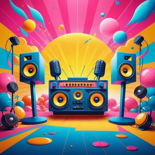 Prompt: cartoon style, background, (((yellow, pink, orange, blue))), (retro vibes), 1980's style, vivid colors, energetic composition, lively, showcasing elements like (microphones and speakers), vibrant lighting effects, playful atmosphere, ultra-detailed, high quality.