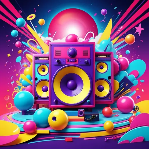 Prompt: cartoon style, background, (((red), purple, blue, pink, yellow)) (retro vibes), 1980's style, vivid colors, energetic composition, lively, showcasing music elements like speakers, vibrant lighting effects, playful atmosphere, ultra-detailed, high quality.