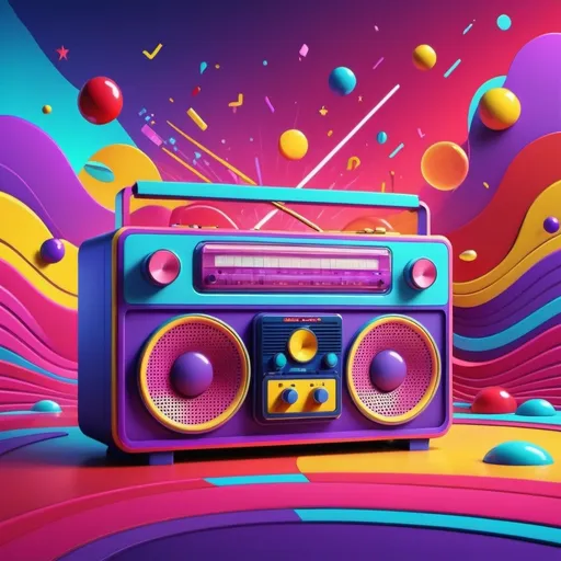 Prompt: cartoon style, background, (((red), purple, blue, pink, yellow)) (retro vibes), 1980's style, vivid colors, energetic composition, lively, showcasing music elements like radios, speakers, vibrant lighting effects, playful atmosphere, ultra-detailed, high quality.