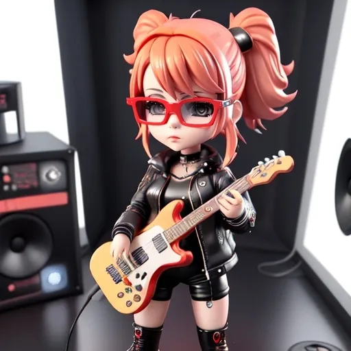 Prompt: (((3d animation))) Punk 75 white female doll (((playing guitar))), standing in (recording studio), very red hair, black leather jacket, (((tight))) black leather shorts and black ankle boots and playing guitar, with unique facial features, holding a futuristic dope, wearing a cutting-edge suit and glasses, futuristic-cyberpunk art style, symbolic, exclusive, science-fiction, Les Automatistes, Ex Machina, marginalization, futuristic, symbolic, exclusion, retro, cyberpunk, Les Automatistes, unique facial features, high-tech suit, symbolically exclusive, cutting-edge glasses, science-fiction, professional, futuristic-cyberpunk lighting