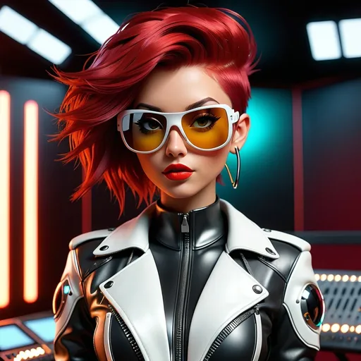 Prompt: (((3d animation))) Punk 75 white female, (((playing guitar))), (((black sunglasses))), standing in (recording studio), (very red hair), wearing black leather jacket, (((tight))) black leather shorts, black boots, with unique facial features, holding a futuristic dope, futuristic-cyberpunk art style, symbolic, exclusive, science-fiction, Les Automatistes, Ex Machina, marginalization, futuristic, symbolic, exclusion, retro, cyberpunk, Les Automatistes, unique facial features, high-tech suit, symbolically exclusive, cutting-edge glasses, science-fiction, professional, futuristic-cyberpunk lighting