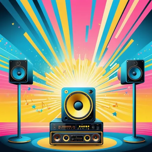 Prompt: Illustration style, background, (((yellow, pink, orange, blue))), (retro vibes), 1980's style, vivid colors, energetic composition, lively, showcasing elements like (stage lighting, speakers and microphones), vibrant lighting effects, playful atmosphere, ultra-detailed, high quality.