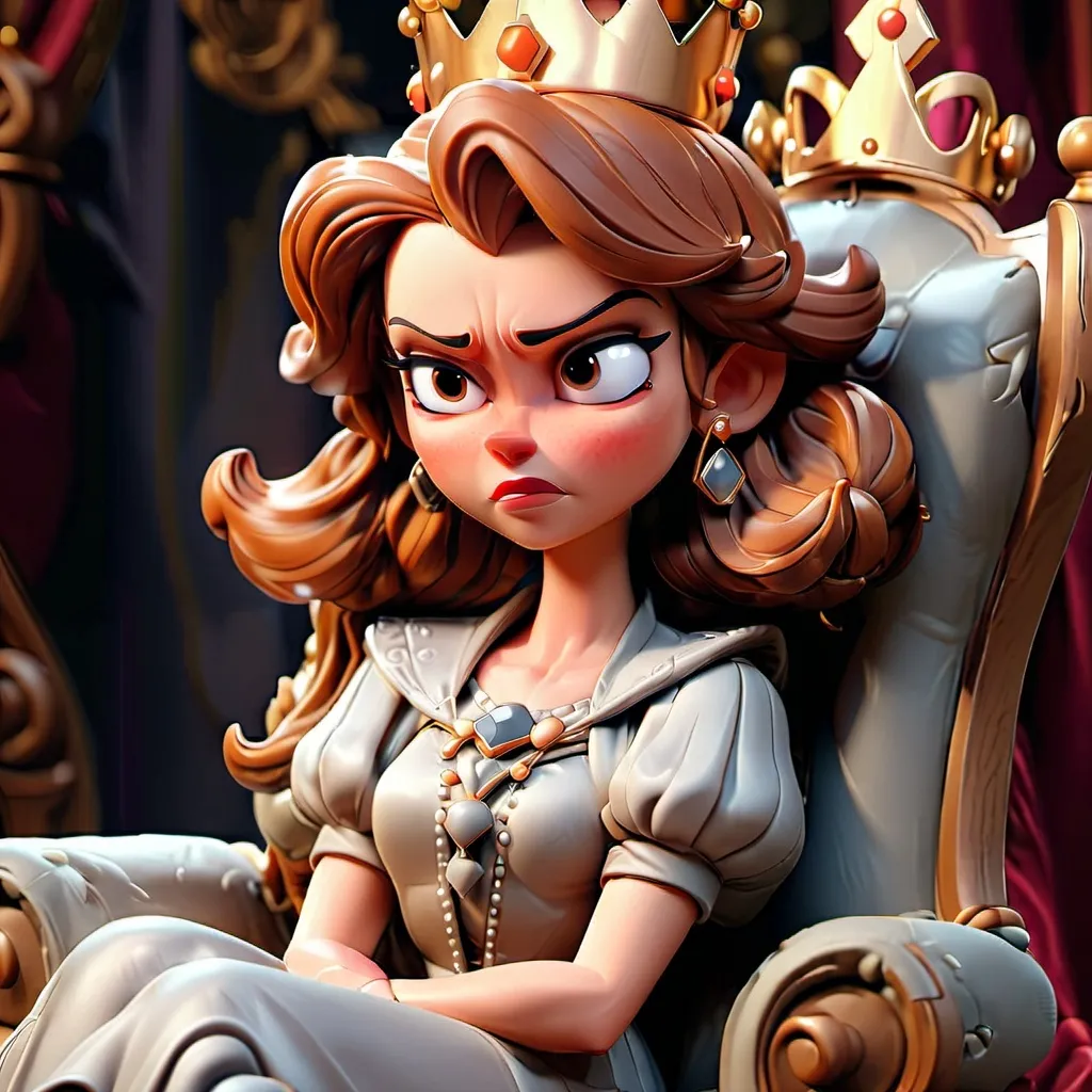 Prompt: Q-version figurine, (((3D render))), brown eyes), cartoon caricature of a queen, medium length brown and grey hair, hyperrealistic, sitting on her throne, a 3d render, 3D, C4D, 8K, HD,