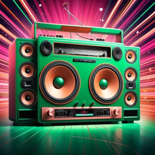 Prompt: cartoon style, background, ()(Green, orange, deep pink, ruby, copper, indigo))) (retro vibes), 1980's style, vivid colors, energetic composition, lively, showcasing music elements like (speakers, microphones), vibrant lighting effects, playful atmosphere, ultra-detailed, high quality.