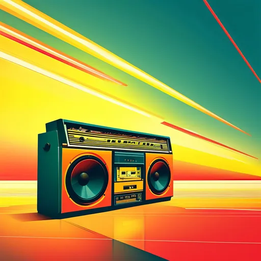 Prompt: illustration style, background, (((yellow, red, orange, blue))), (retro vibes), 1980's style, vivid colors, energetic composition, lively, showcasing elements like ((((stage lighting))), speakers), vibrant lighting effects, playful atmosphere, ultra-detailed, high quality.