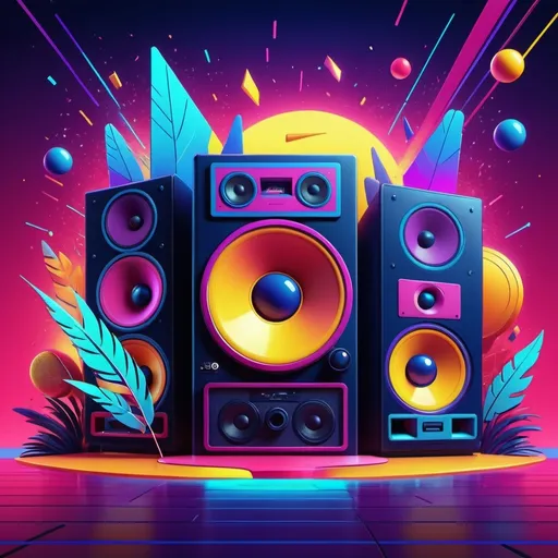 Prompt: cartoon style, background, (((red), purple, blue, pink, yellow)) (retro vibes), 1980's style, vivid colors, energetic composition, lively, showcasing music elements like speakers, vibrant lighting effects, playful atmosphere, ultra-detailed, high quality.