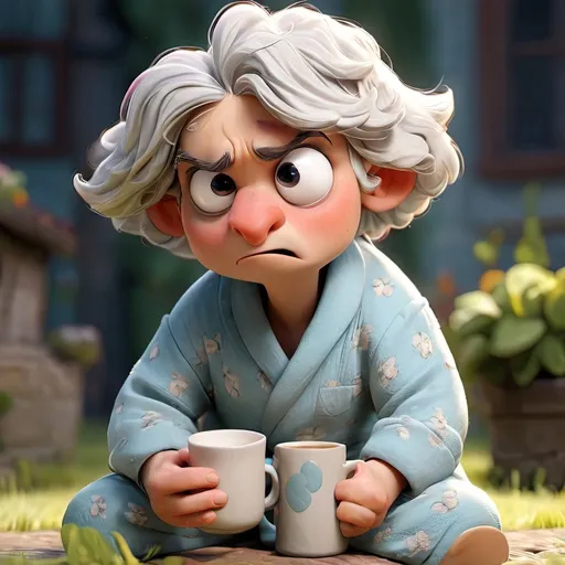 Prompt: (((3D Animation))), really old (((crazy))) quirky (((extremely tired))) sheep wearing pyjamas, robe, holding a coffee mug, he has (((heavy lidded, barely open, googly, bulging eyes))), body conveys exhaust, looks worn out, deflated, defeated, extremely weary, very depleted, drained and fatigued, he is exhausted and looks gloomy, he is sitting on the ground, 32K, vivid, vibrant, (((full body, extreme long shot))).