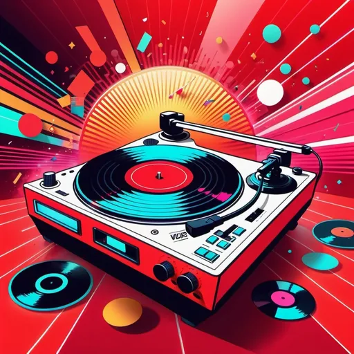 Prompt: cartoon style, (((RED))) (retro vibes), 1980's style, vivid colors, energetic composition, lively background, showcasing music elements like turntables, vibrant lighting effects, playful atmosphere, ultra-detailed, high quality.