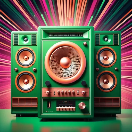 Prompt: cartoon style, background, ()(Green, orange, deep pink, ruby, copper, indigo))) (retro vibes), 1980's style, vivid colors, energetic composition, lively, showcasing music elements like (speakers, microphones), vibrant lighting effects, playful atmosphere, ultra-detailed, high quality.