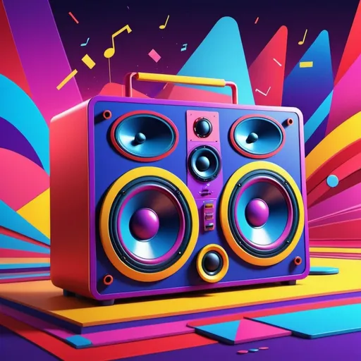 Prompt: cartoon style, background, (((red), purple, blue, pink, yellow)) (retro vibes), 1980's style, vivid colors, energetic composition, lively, showcasing music elements like speakers, vibrant lighting effects, playful atmosphere, ultra-detailed, high quality.