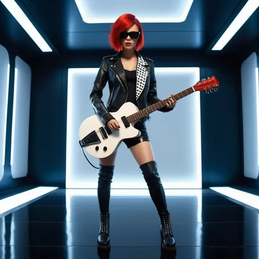 Prompt: (((3d animation))) Punk 75 white female doll (((playing guitar))), standing in (recording studio), very red hair, black leather jacket, (((tight))) black leather shorts and black ankle boots and playing guitar, with unique facial features, holding a futuristic dope, wearing a cutting-edge suit and glasses, futuristic-cyberpunk art style, symbolic, exclusive, science-fiction, Les Automatistes, Ex Machina, marginalization, futuristic, symbolic, exclusion, retro, cyberpunk, Les Automatistes, unique facial features, high-tech suit, symbolically exclusive, cutting-edge glasses, science-fiction, professional, futuristic-cyberpunk lighting