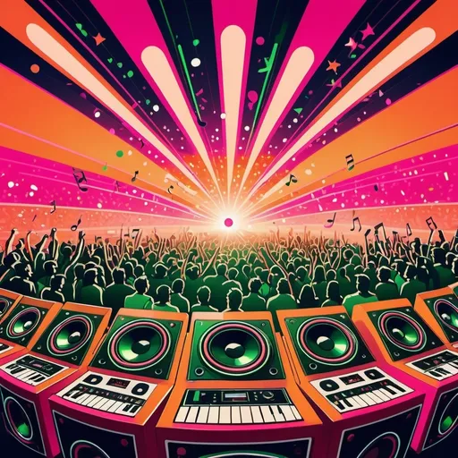 Prompt: cartoon style, background, (((orange, deep pink, ruby, copper, indigo, green))) (retro vibes), 1980's style, vivid colors, energetic composition, lively, showcasing music elements like (speakers, microphones), vibrant lighting effects, playful atmosphere, ultra-detailed, high quality.