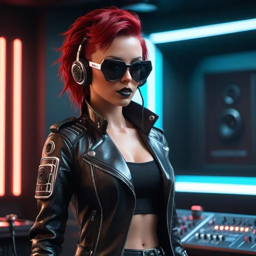 Prompt: (((3d animation))) Punk 75, white female doll, (((holding microphone))), very red hair, black sunglasses, wearing black leather jacket, (((tight))) black leather shorts, (((thigh length))) black boots, (standing in recording studio), with unique facial features, holding a futuristic dope, futuristic-cyberpunk art style, symbolic, exclusive, science-fiction, marginalisation, futuristic, symbolic, exclusion, retro, cyberpunk, Les Automatises, unique facial features, high-tech suit, symbolically exclusive, science-fiction, professional, futuristic-cyberpunk lighting