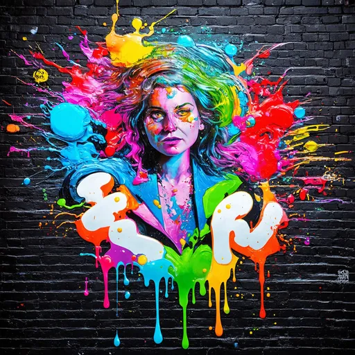 Prompt: on black brick wall, graffiti art, splash art, street art, spray paint, oil gouache melting, acrylic, high contrast, colorful polychromatic, ultra detailed, ultra quality, CGSociety, hyperrealistic whimsical and colourful.