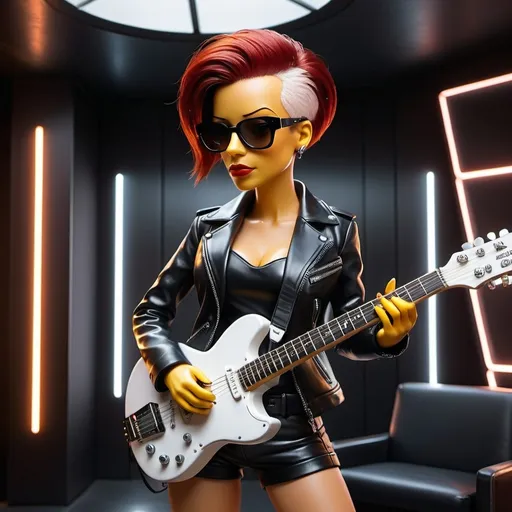 Prompt: (((3d simpson style))) Punk 75 white female doll (((playing guitar))), very red hair, black leather jacket, (((tight))) black leather shorts and black ankle boots and playing guitar, with unique facial features, holding a futuristic dope, wearing a cutting-edge suit and glasses, futuristic-cyberpunk art style, symbolic, exclusive, science-fiction, Les Automatistes, Ex Machina, marginalization, futuristic, symbolic, exclusion, retro, cyberpunk, Les Automatistes, unique facial features, high-tech suit, symbolically exclusive, cutting-edge glasses, science-fiction, professional, futuristic-cyberpunk lighting