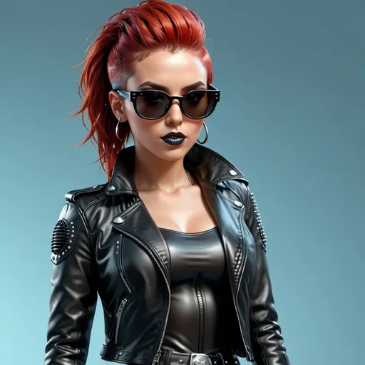 Prompt: (((3d animation))), (((black sunglasses))) hyperrealistic, trendy, intricate detail, Punk 75, retro white female avatar, standing, (((holding microphone))), very red hair, wearing black leather jacket, (((tight))) black leather shorts, black (((thigh length))) boots, black sunglasses, with unique facial features, futuristic-cyberpunk, retro art style, light blue background.