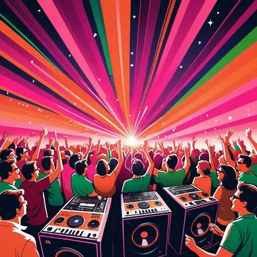 Prompt: cartoon style, background, (((orange, deep pink, ruby, copper, indigo, green))) (retro vibes), 1980's style, vivid colors, energetic composition, lively, showcasing music elements like (speakers, microphones), vibrant lighting effects, playful atmosphere, ultra-detailed, high quality.