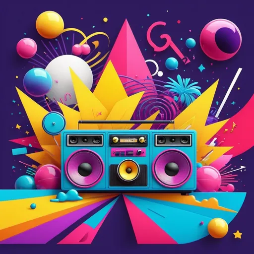 Prompt: cartoon style, background, (((red), purple, blue, pink, yellow)) (retro vibes), 1980's style, vivid colors, energetic composition, lively, showcasing music elements like speakers, vibrant lighting effects, playful atmosphere, ultra-detailed, high quality.