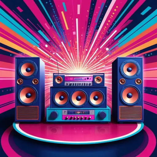 Prompt: cartoon style, background, ()(Green, orange, deep pink, ruby, copper, indigo))) (retro vibes), 1980's style, vivid colors, energetic composition, lively, showcasing music elements like speakers, microphones, vibrant lighting effects, playful atmosphere, ultra-detailed, high quality.