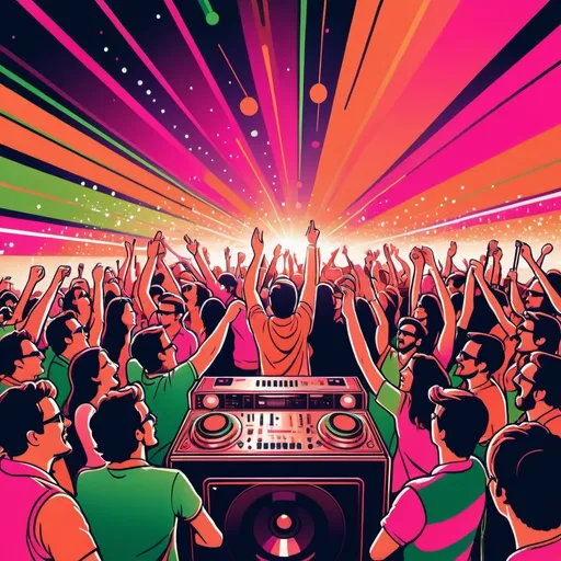 Prompt: cartoon style, background, (((orange, deep pink, ruby, copper, indigo, green))) (retro vibes), 1980's style, vivid colors, energetic composition, lively, showcasing music elements like (speakers, microphones), vibrant lighting effects, playful atmosphere, ultra-detailed, high quality.