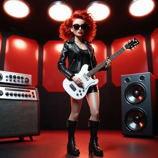 Prompt: (((3D Animation))) Retro 75 white female doll (((playing guitar))) with unique facial features, holding a futuristic dope, wearing very red hair, black leather shorts (((tight))), black leather jacket, black boots and sunglasses, standing in (recording studio), (retro), cyberpunk art style, symbolic, symbolic, exclusion, cyberpunk, unique facial features, professional, futuristic-cyberpunk lighting