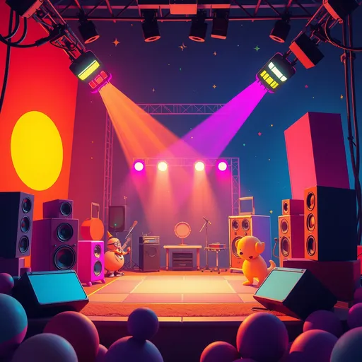 Prompt: (illustration style), 3D render, (retro vibes), (1980's style), (((orange, yellow, pink, dark blue))), vivid colors, energetic composition, lively background, showcasing elements like (((stage lights, tall speakers)))), vibrant lighting effects, playful atmosphere, ultra-detailed, high quality, dynamic scene, nostalgic feel, whimsical characters, cartoonish flair, fantasy environment.