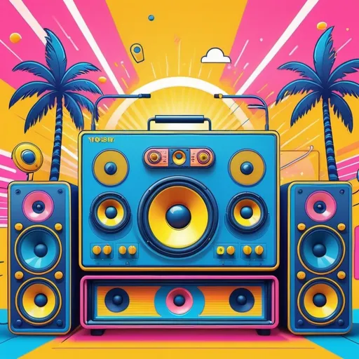 Prompt: cartoon style, background, (((yellow, orange, blue, pink))), (retro vibes), 1980's style, vivid colors, energetic composition, lively, showcasing elements like (speakers and microphones), vibrant lighting effects, playful atmosphere, ultra-detailed, high quality.