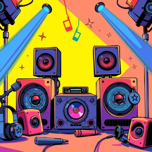 Prompt: Illustration style, background, (((yellow, pink, orange, blue))), (retro vibes), 1980's style, vivid colors, energetic composition, lively, showcasing elements like (speakers and microphones), vibrant lighting effects, playful atmosphere, ultra-detailed, high quality.