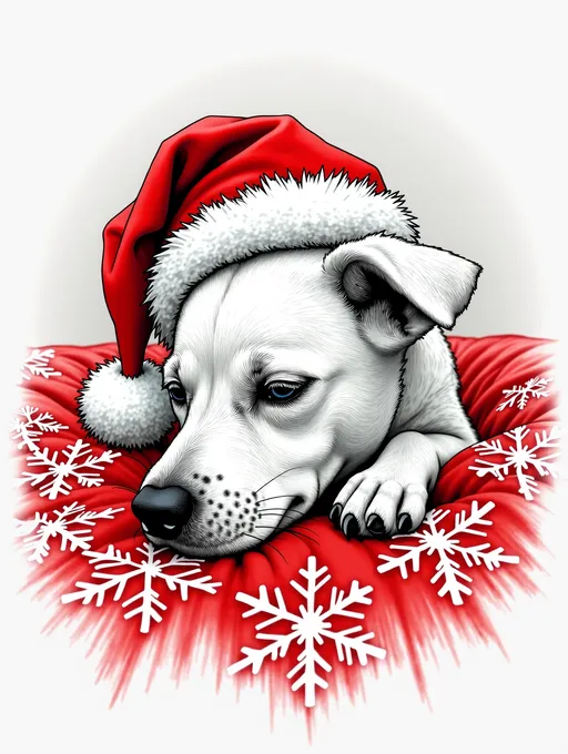 Prompt: (black and white pencil-sketch), small white dog, (wearing a red Santa Claus hat), resting gracefully on a vibrant red and white blanket, (intricate snowflakes), (papercraft-flat papercut style), high contrast, cozy ambiance, whimsical atmosphere, detailed textures, soft shading, festive mood, serene composition.