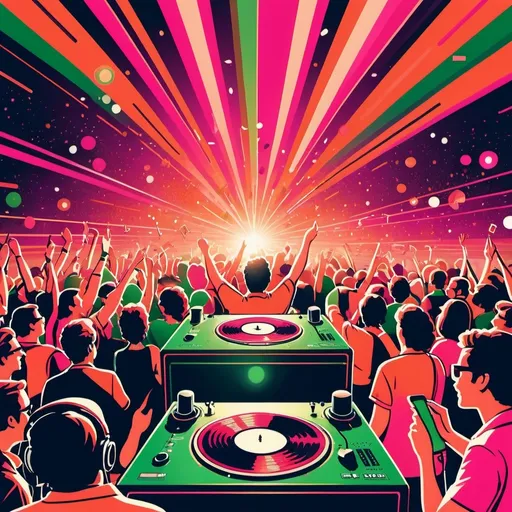 Prompt: cartoon style, background, (((orange, deep pink, ruby, copper, indigo, green))) (retro vibes), 1980's style, vivid colors, energetic composition, lively, showcasing music elements like (speakers, microphones), vibrant lighting effects, playful atmosphere, ultra-detailed, high quality.