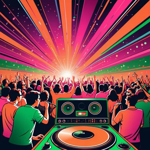 Prompt: cartoon style, background, (((orange, deep pink, ruby, copper, indigo, green))) (retro vibes), 1980's style, vivid colors, energetic composition, lively, showcasing music elements like (speakers, microphones), vibrant lighting effects, playful atmosphere, ultra-detailed, high quality.