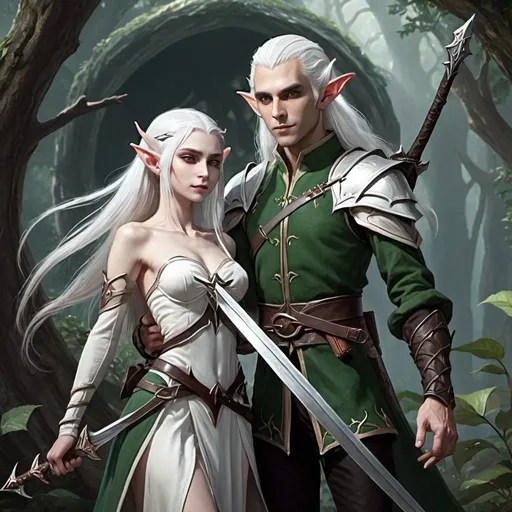 Prompt: A male elf with medium white hair, holding a double-bladed scimitar, and a female pallid elf with a bow, standing in a dream world