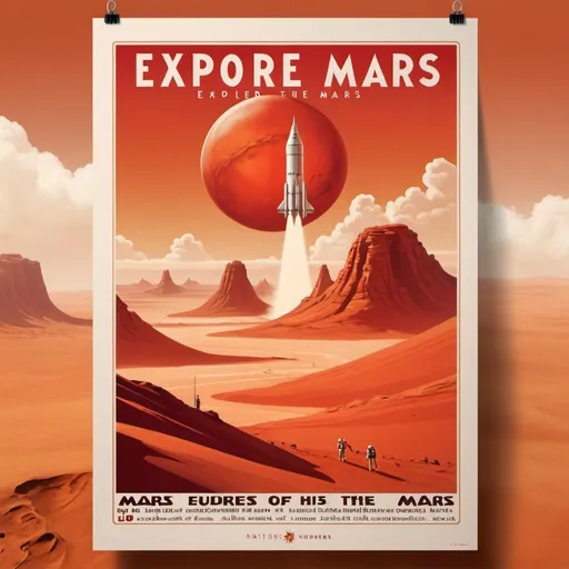 Prompt: A vintage travel poster for Mars in portrait orientation. The scene portrays the red sandunes of mars with a silhouette of a vintage rocket ship approaching. Mysterious shapes hint at sand mountains and valleys below the clouds. The bottom text reads, 'Explore Mars: Beauty Behind the Red'. The color scheme consists of red, oranges, and soft oranges, evoking a sense of wonder.
