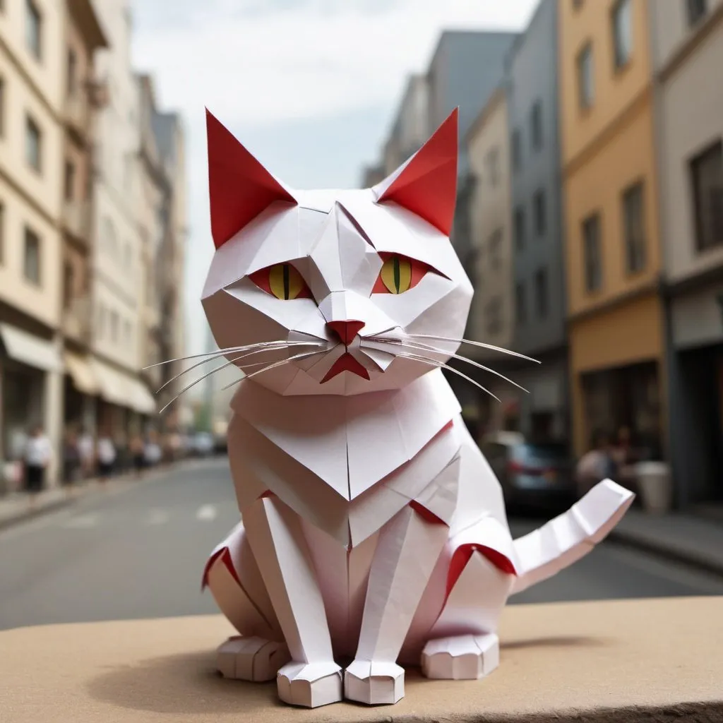 Prompt: A cat made out of paper in a city made of paper