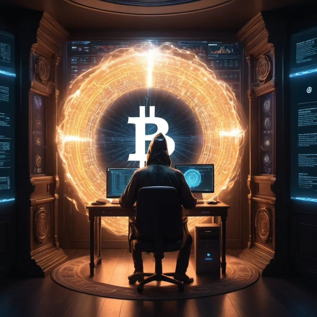 Prompt: The wizard stands at the edge of a swirling portal, their wand extended through the portal’s glowing threshold. On the other side of the portal is a dimly lit room where a man sits at a computer, surrounded by multiple monitors displaying Bitcoin charts and digital codes. The room is filled with the soft glow of screens, and the atmosphere is both mysterious and futuristic. The back of the man’s chair has the name “Satoshi - Founder of Bitcoin” emblazoned on it. The wizard’s wand emits a beam of light that wraps around the man’s arm, gently pulling him through the portal. As he begins to move towards the portal, the wave of glowing Bitcoins outside is visible, rolling through the metaverse and ready to merge the two worlds