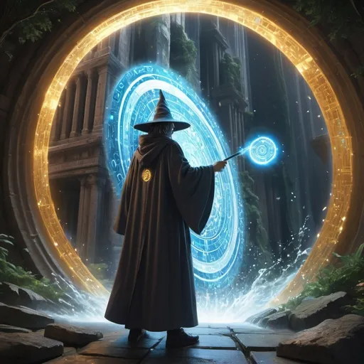 Prompt: In a vibrant digital landscape, the wizard stands at the edge of a swirling portal. The portal shows a glimpse of their previous world, where the Tree of Knowledge stands amidst ancient ruins and futuristic skyscrapers. The wizard, cloaked in robes of flowing magic, extends their wand through the portal, where Satoshi Nakamoto stands on the other side. Satoshi, dressed in a cloak of constantly shifting code, reaches out as the wizard’s wand emits a beam of light that wraps around Satoshi’s arm, gently pulling him through the portal. As Satoshi crosses the threshold, they are drawn into a massive, rolling wave of glowing Bitcoins that flow like a river through the metaverse. The wave shimmers with golden light, representing the fusion of ancient magic and cutting-edge cryptography.