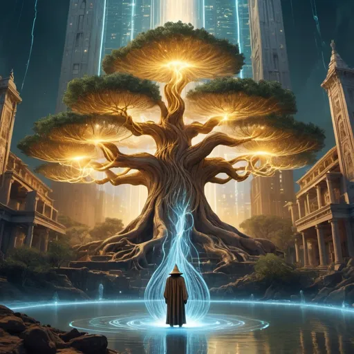 Prompt: The wizard stands at the base of the Tree of Knowledge, an ancient tree whose roots are intertwined with glowing circuits and surrounded by a blend of ancient ruins and futuristic skyscrapers. As the golden sands from the hourglass seep into the ground, the tree’s roots pulse with light, and suddenly, a surge of shimmering water erupts from beneath the tree, enveloping the wizard in a swirling vortex. The water glows with the same golden light, reflecting the digital codes embedded in the nearby buildings. The landscape around the wizard starts to shift, blurring the lines between the physical world and the digital metaverse. The scene transitions, showing the wizard being drawn into a new realm, where the structures around them dissolve into flowing streams of data and light.