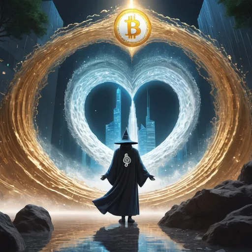 Prompt: The wizard and Satoshi Nakamoto stand at the edge of a vast digital landscape, with Satoshi cloaked in a robe of shifting code. Before them, a massive, glowing wave of Bitcoins—each coin shimmering with golden light—rolls through the metaverse, carrying with it streams of data and energy. The wizard, using their staff, reaches out and pulls Satoshi towards the wave, as if drawing him into the flow of cryptocurrency. Behind them, a large, swirling portal is open, showing the world they came from—a place where the Tree of Knowledge and the merging of ancient ruins with futuristic skyscrapers are visible. The portal’s edges ripple, reflecting the energy of the wave, symbolizing the merging of magic, cryptography, and digital power as they prepare to ride the wave into the heart of the metaverse.